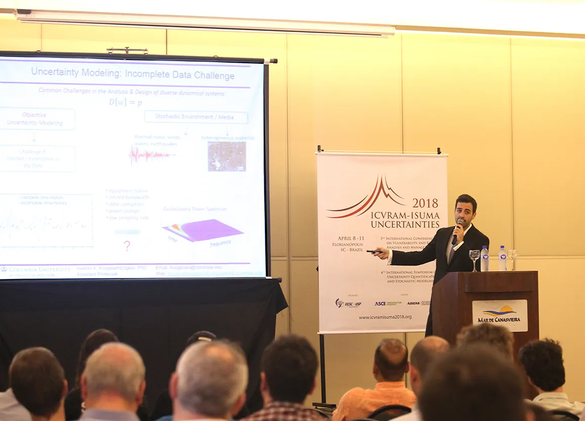 Prof. Kougioumtzoglou delivers one of the Keynote Lectures entitled: "Advanced Tools for Uncertainty Modeling and Propagation in Engineering Dynamics" at the ICVRAM-ISUMA-UNCERTAINTIES Conference held in Florianopolis, Brazil, April 8-11, 2018